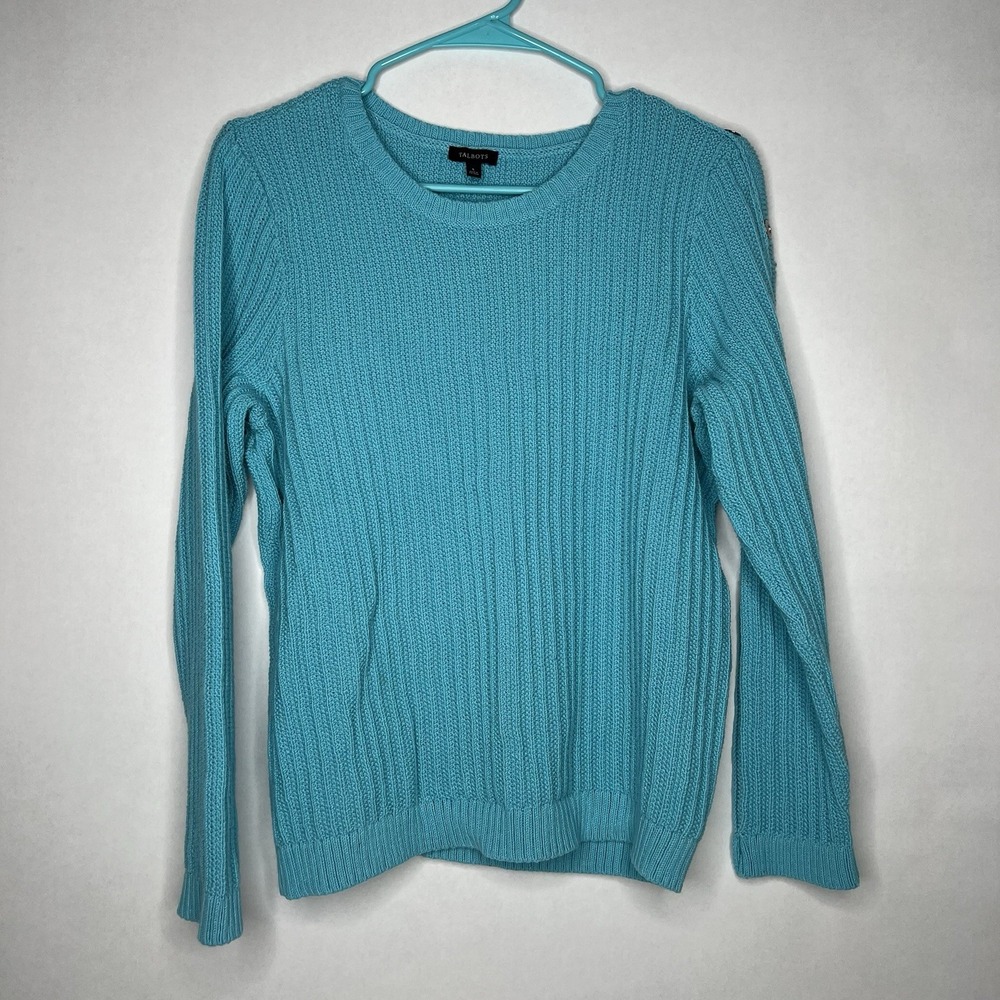 Talbots Cotton Teal Blue Cable Knit Crew Neck Sweater Size Large Buttons Cropped